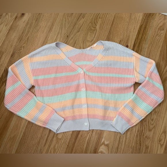 Cotton Blend Striped Colorful Chunky Knit Cardigan Sweater Button Front Large - Picture 14 of 15